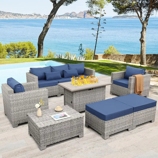 6-Piece Grey PE Rattan Outdoor Sectional Sofa Set with Fire Pit Table and Navy Blue Cushions