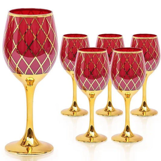Red and Gold Wine Glasses Set of 6, Colored Stemmed and Rimmed Decorative Drinking Glass.