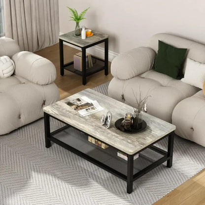 Industrial Style 3-Piece Coffee Table Set: Modern Living Room Furniture with Square Side Tables