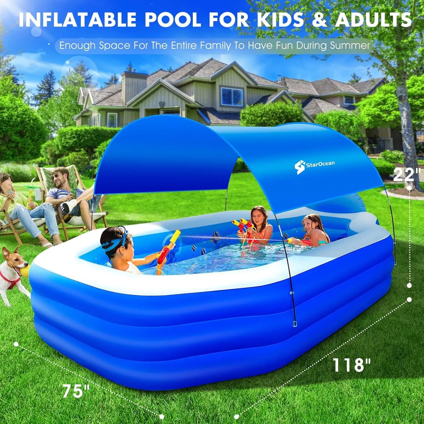 Inflatable Pool with Canopy, Large Swimming Pool for Kids, Adult, Blow Up Pools with Seats, Backrest.