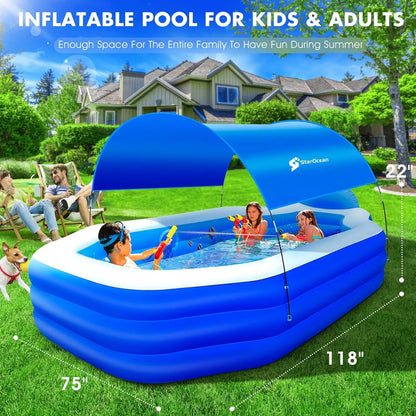 Inflatable Pool with Canopy, Large Swimming Pool for Kids, Adult, Blow Up Pools with Seats, Backrest.