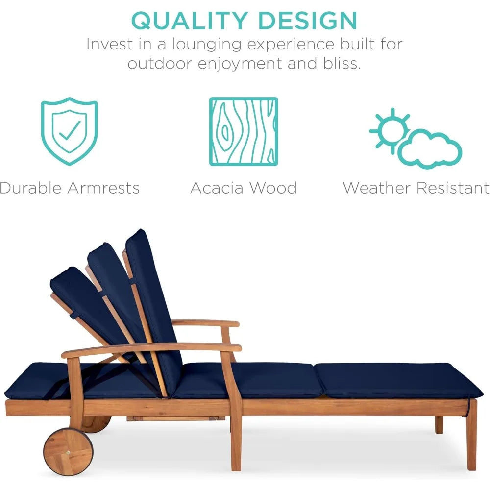 Acacia Wood Chaise Lounge Chair Recliner, Outdoor Furniture for Patio, Poolside w/Slide-Out Side Table.