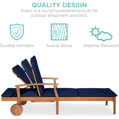 Acacia Wood Chaise Lounge Chair Recliner, Outdoor Furniture for Patio, Poolside w/Slide-Out Side Table.