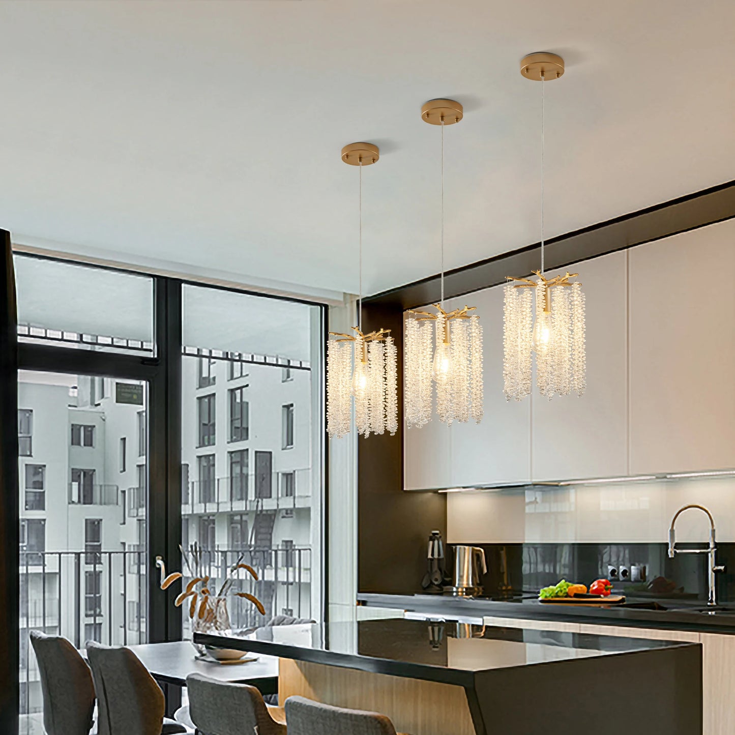 Luxury 3-Pack Crystal Pendant Lights, Elegant Golden Finish Chandelier with Waterfall Bead Design.
