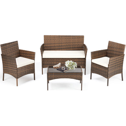 4 Piece Outdoor Patio Furniture Set with Soft Cushion, Glass Table Manual Weaving Wicker Rattan.