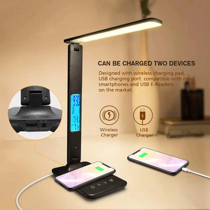 10W QI Wireless Charging LED Desk Lamp USB Charging Port Sliding, Dimmable, Auto Timer.
