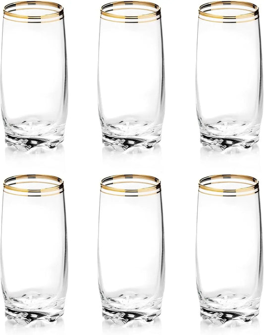 13.25 Oz Gold Rim Glass Set of 6 - Elegant Durable Drinking Glasses for Cocktails, Entertaining.