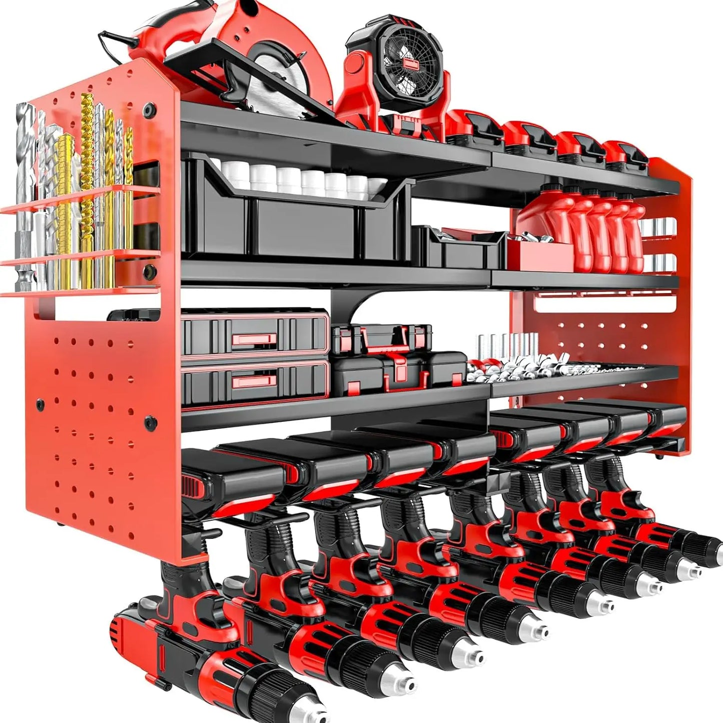 Metal Power Tool Organizer Wall Mount with Screwdriver Holder, Storage Shelves for Drills & Pliers.