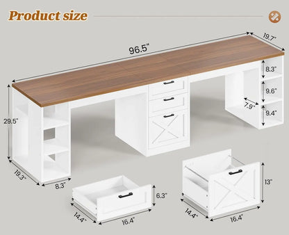 96.5" Computer Desk with Drawers,2 Person Home Office Desk, Double Desk with Storage Shelves.