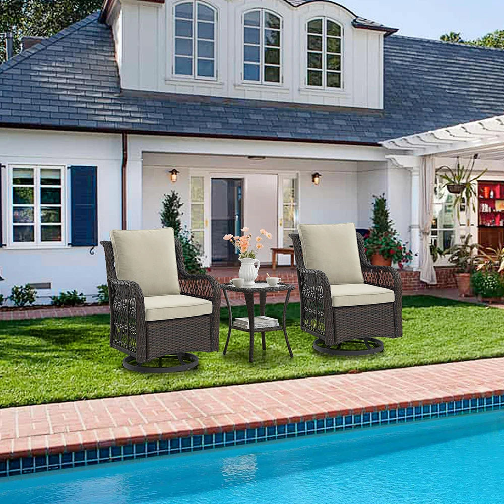 3-Piece Wicker Swivel Rocking Patio Set, 2 Chairs & Glass Table, Outdoor Furniture for Porch & Backyard.