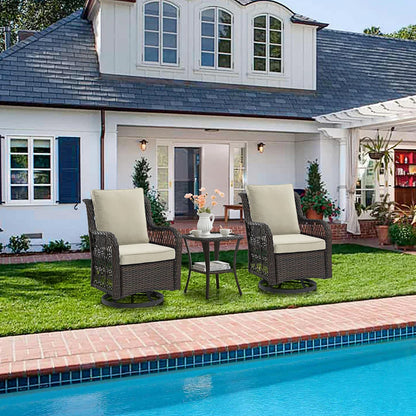 3-Piece Wicker Swivel Rocking Patio Set, 2 Chairs & Glass Table, Outdoor Furniture for Porch & Backyard.