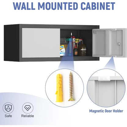 Metal Locking Cabinet, 12.8" H Garage Cabinet Wall Mount, Steel Storage with Doors and Shelves, Floating.