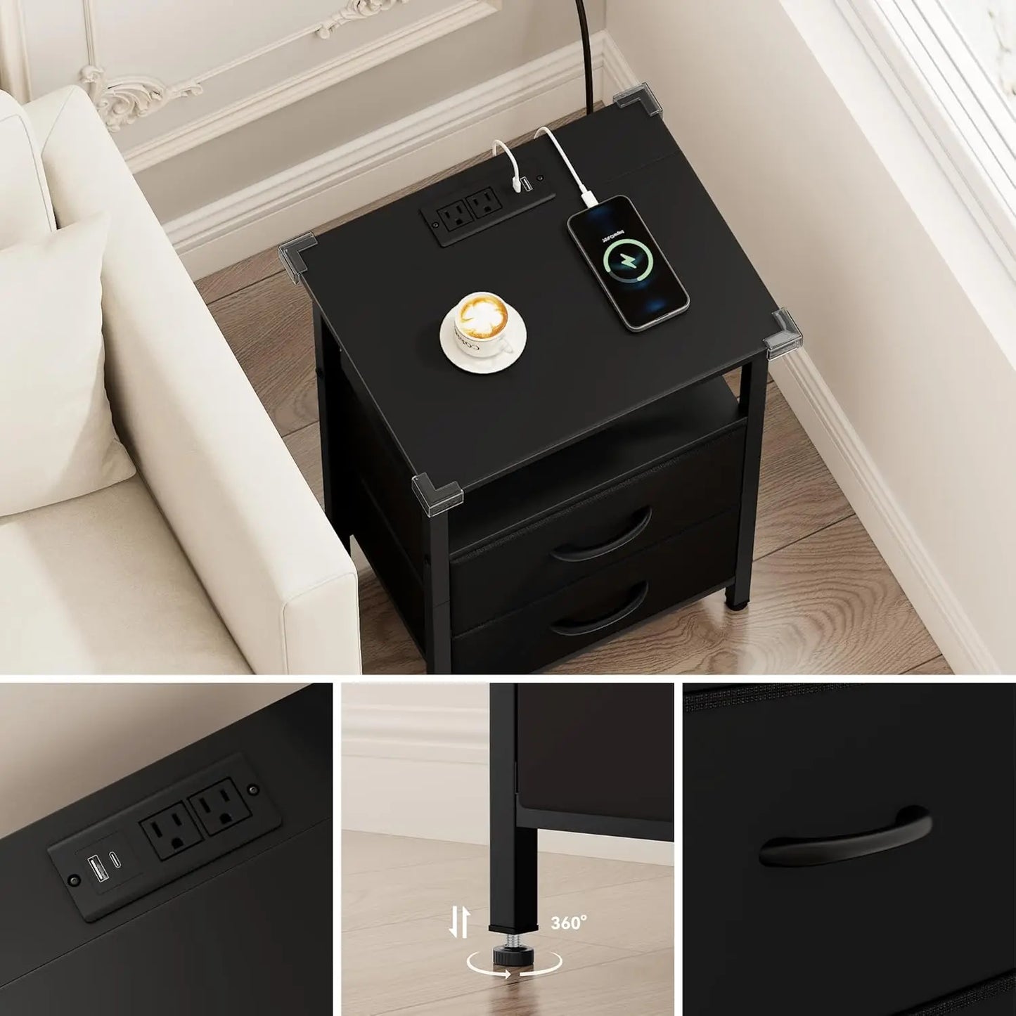 2-Piece Nightstand Set with LED Lights & Charging Station, 2 Fabric Drawers & Storage Shelves.