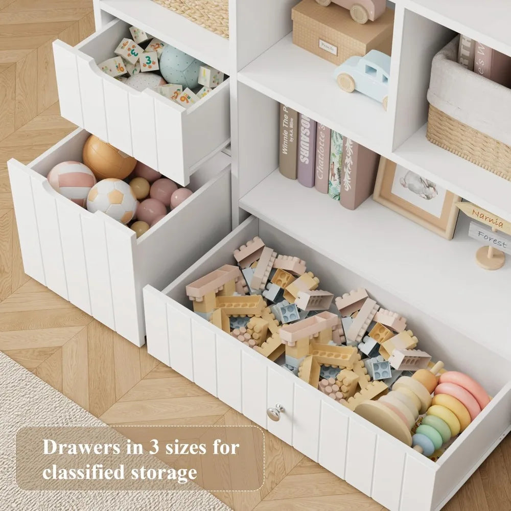 48"W Kids Toy Storage Organizer with Bins, Bookshelf & Drawers for Playroom - White