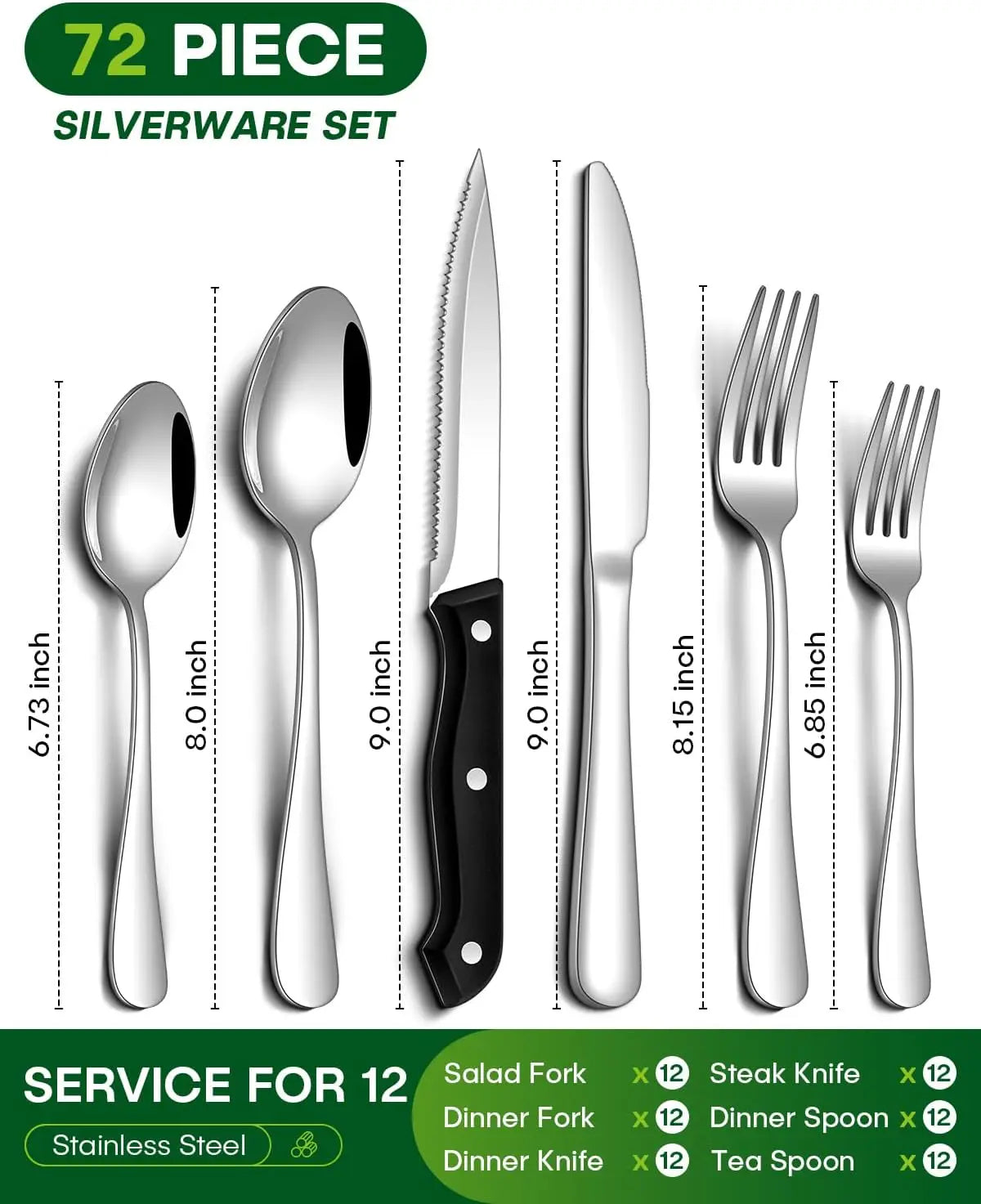 72 Pcs Stainless Steel Silverware Set for 12 with Steak Knives, Dishwasher Safe.