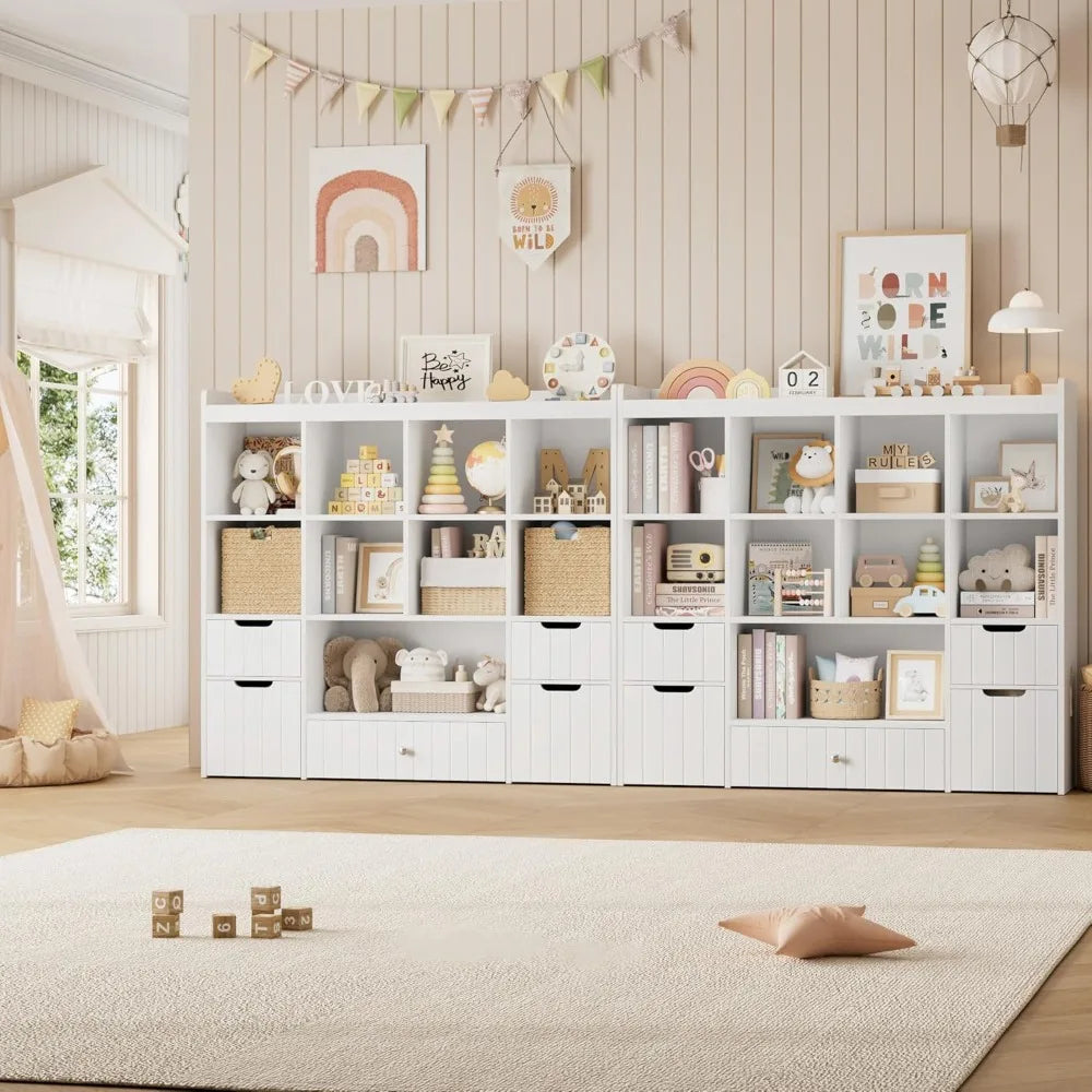 48"W Kids Toy Storage Organizer with Bins, Bookshelf & Drawers for Playroom - White