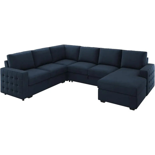 U-Shaped Sectional Sleeper Sofa with Pull-Out Bed, Storage, and Chaise Lounge, Velvet Blue, 6-Seat Living Room