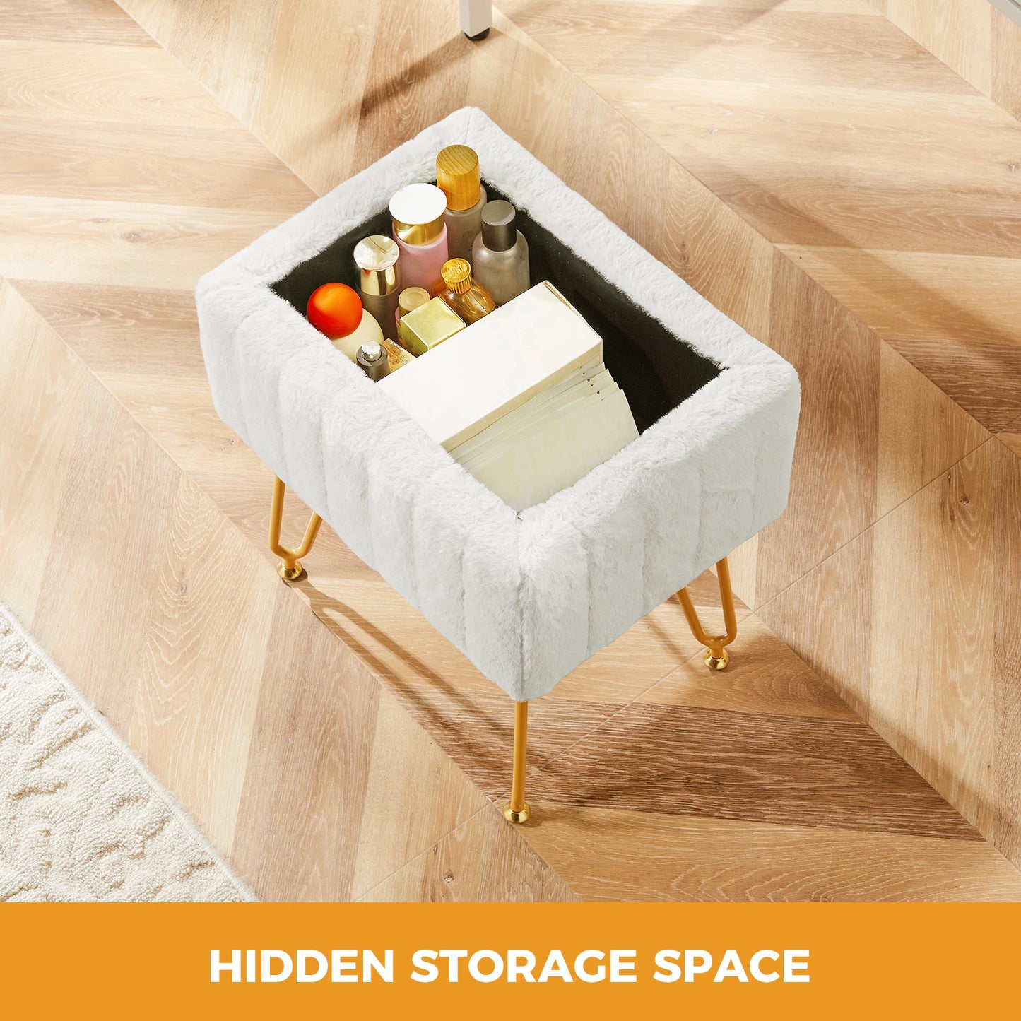 Faux Fur Living Room Hidden Storage Stools & Ottomans Padded with 4 Metal Legs Anti-Slip Adjustable Feet.