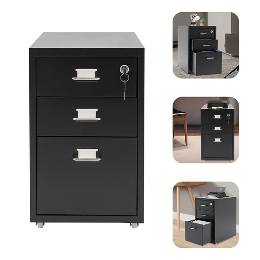 3 Tiers Rectangular Steel Vertical File Cabinet, Metal Mobile File Cabinet with Lock for Office, Study.