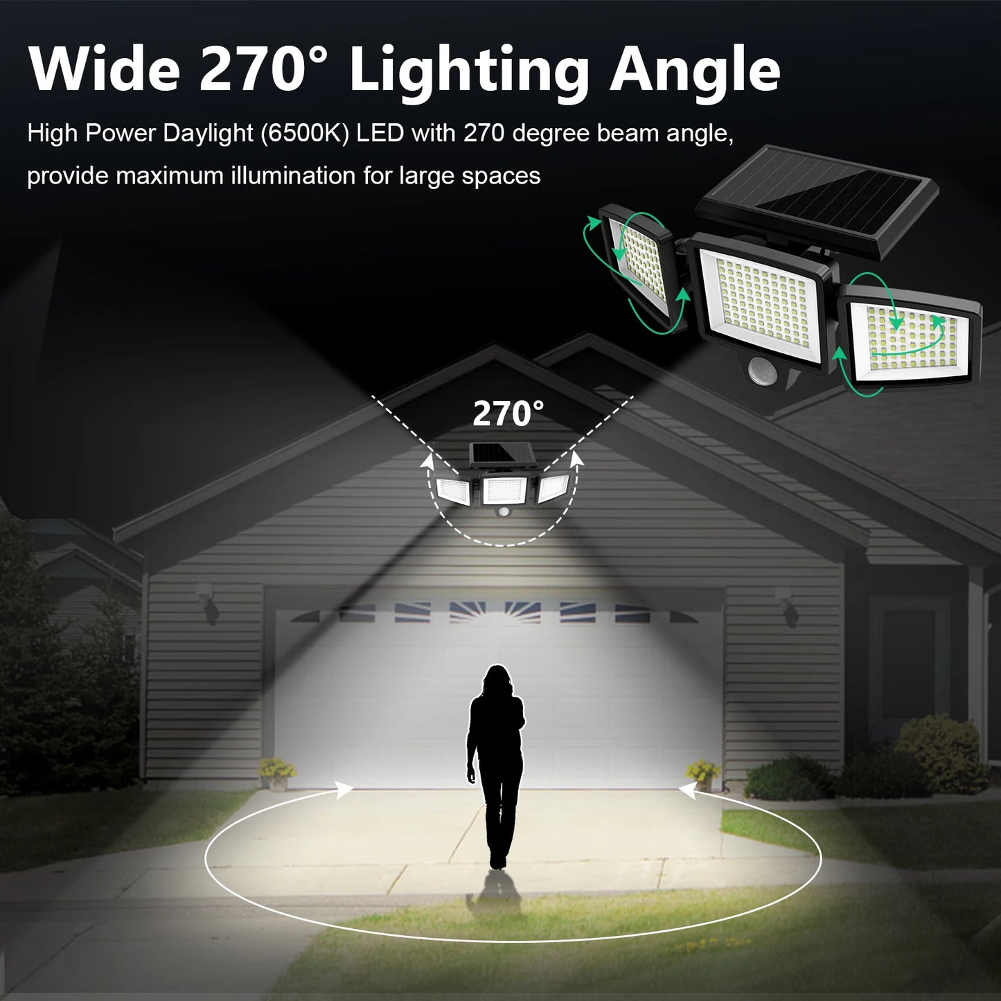 Outdoor Waterproof Solar Light with Motion Sensor 3-Head Security Light for Porches Garages Yard Entrances