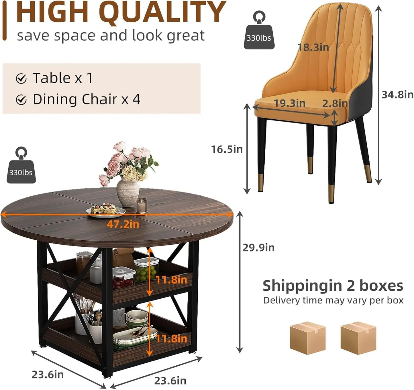 5-Piece Round Dining Table Set with Storage, with 4 PU Leather Chairs, Space Saving.