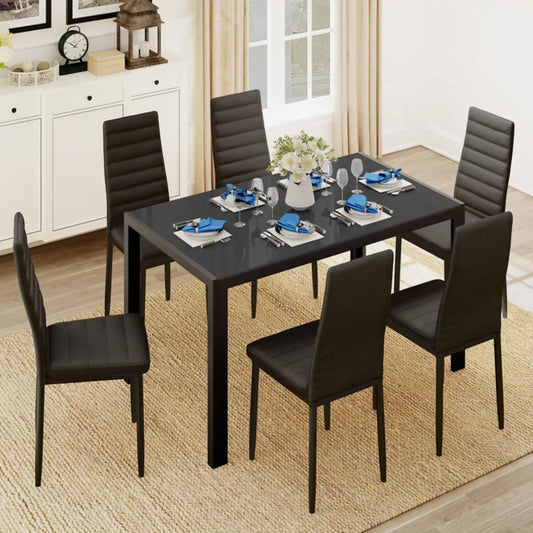 5 Piece Glass Dining Table Set, Kitchen and Chairs for 4, PU Leather Modern Room Set