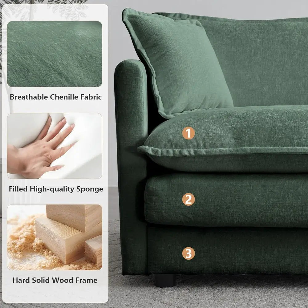 Luxury Sofa Set with Removable Ottoman, 3-Piece Living Room Furniture, Green Velvet.
