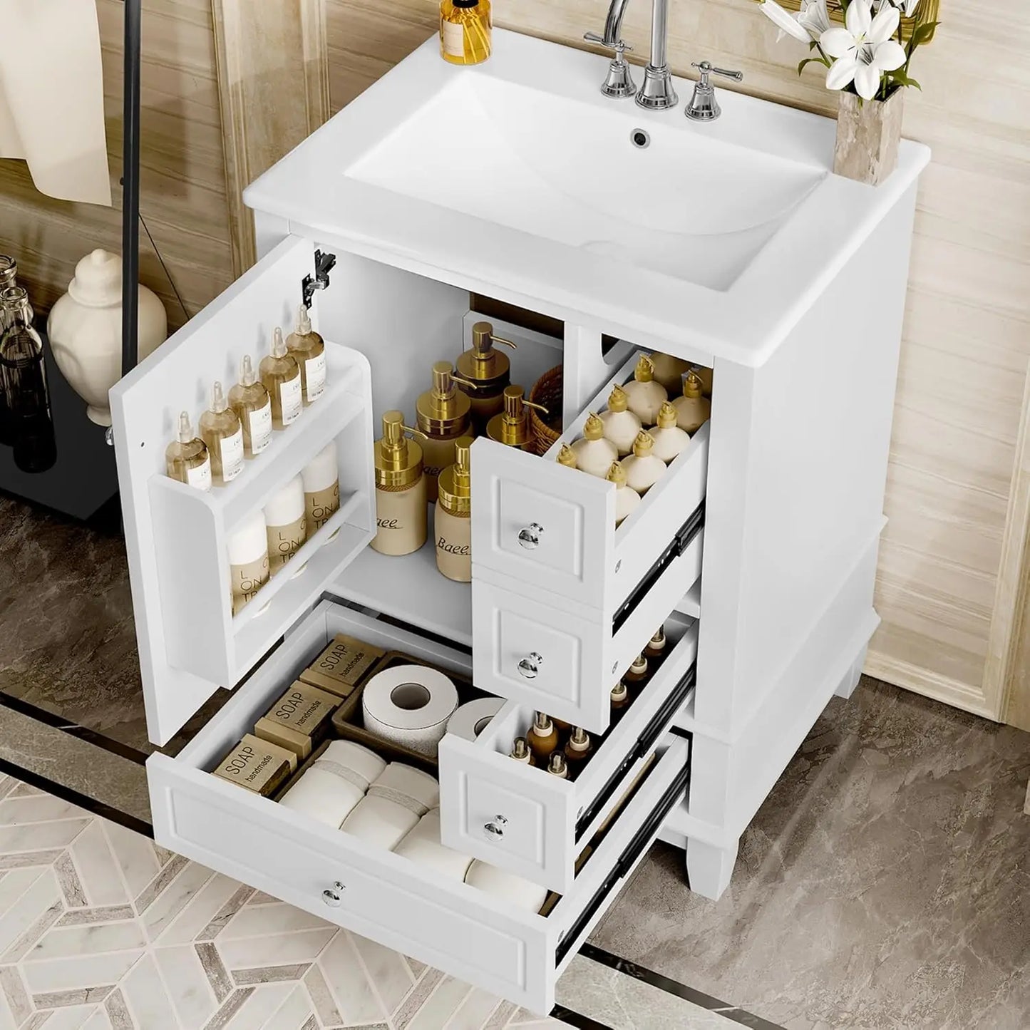 24" Bathroom Vanity with Sink,  Free Standing Single Vanity, with 3 Drawers and One Door, Customized