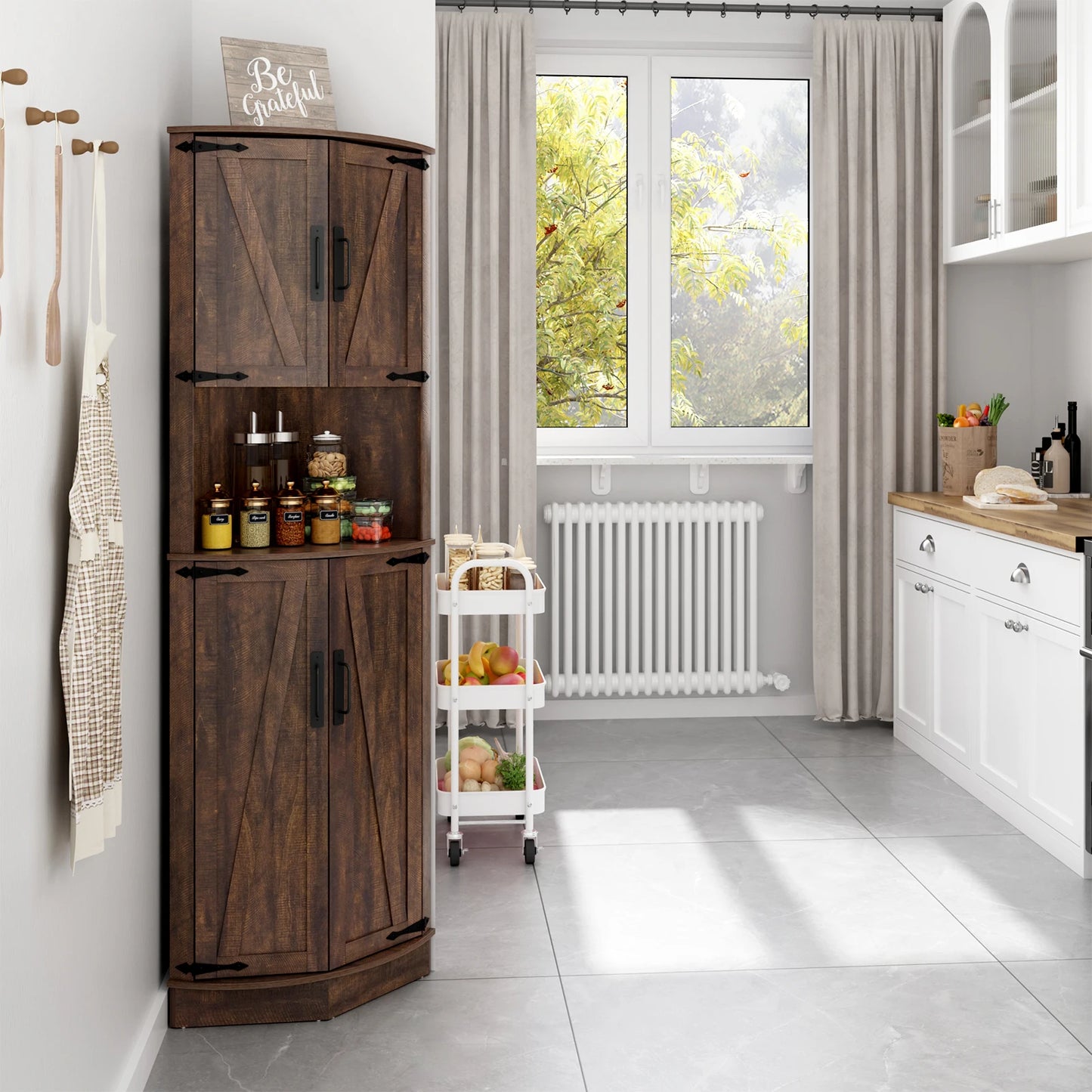 Bathroom Storage Tall Cabinet, 67" Corner Storage Cabinet with Barn Doors and Adjustable Shelf.