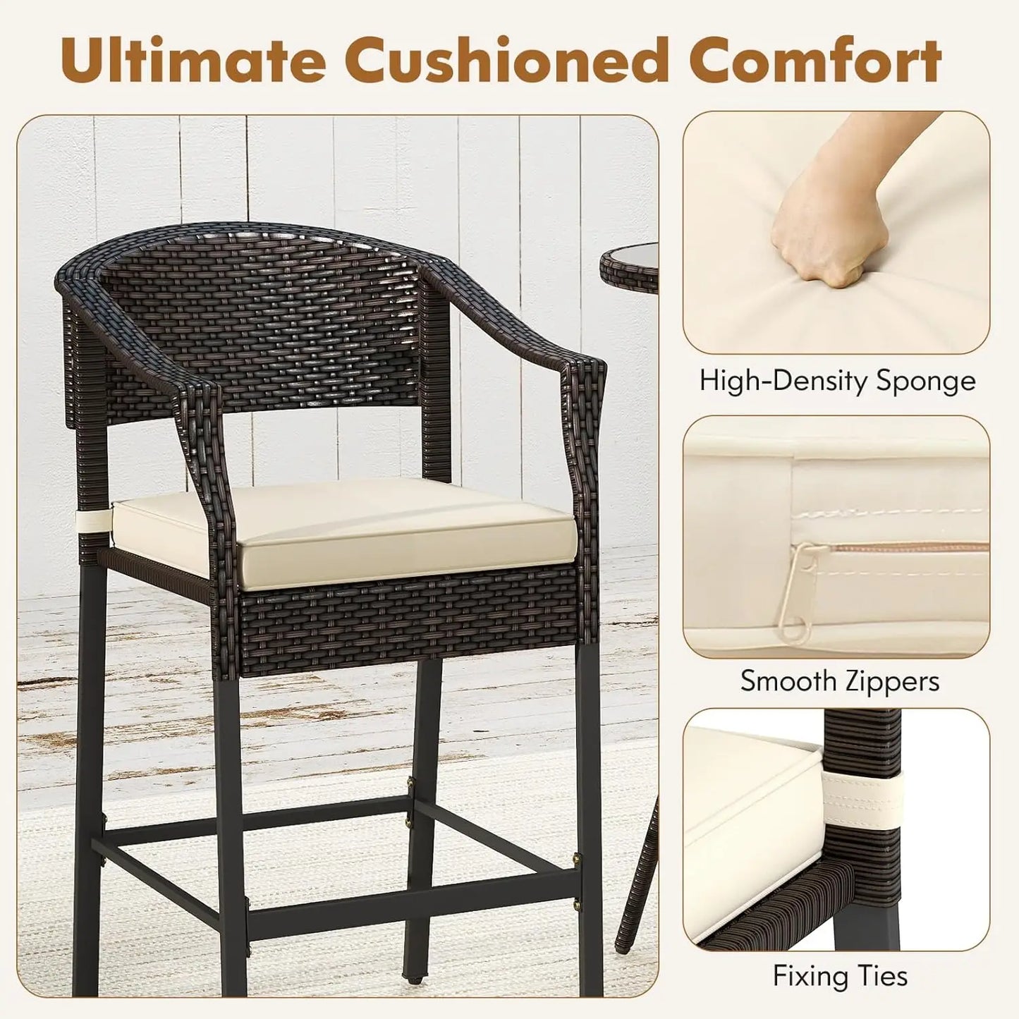 3-Piece Outdoor Bar Set - Patio Wicker Rattan Bar Height Barstools w/Cushions, Round Glass Top Table.