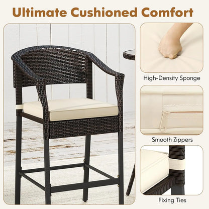 3-Piece Outdoor Bar Set - Patio Wicker Rattan Bar Height Barstools w/Cushions, Round Glass Top Table.