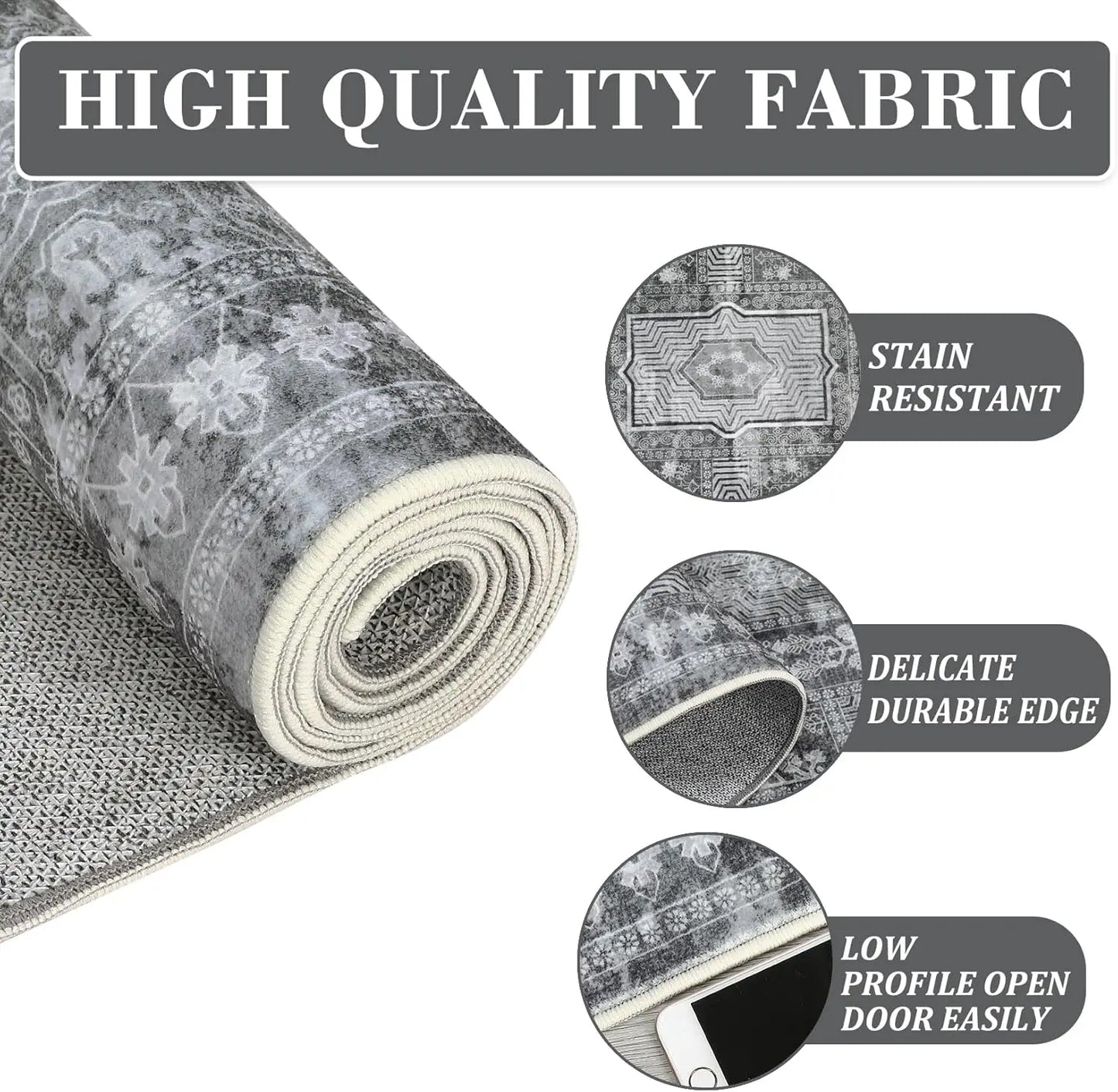 Large Vintage Washable Area Rug for Living Room Floral Print Carpet, Low Pile Foldable.