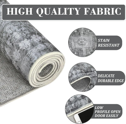 Large Vintage Washable Area Rug for Living Room Floral Print Carpet, Low Pile Foldable.