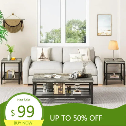 Industrial Style 3-Piece Coffee Table Set: Modern Living Room Furniture with Square Side Tables