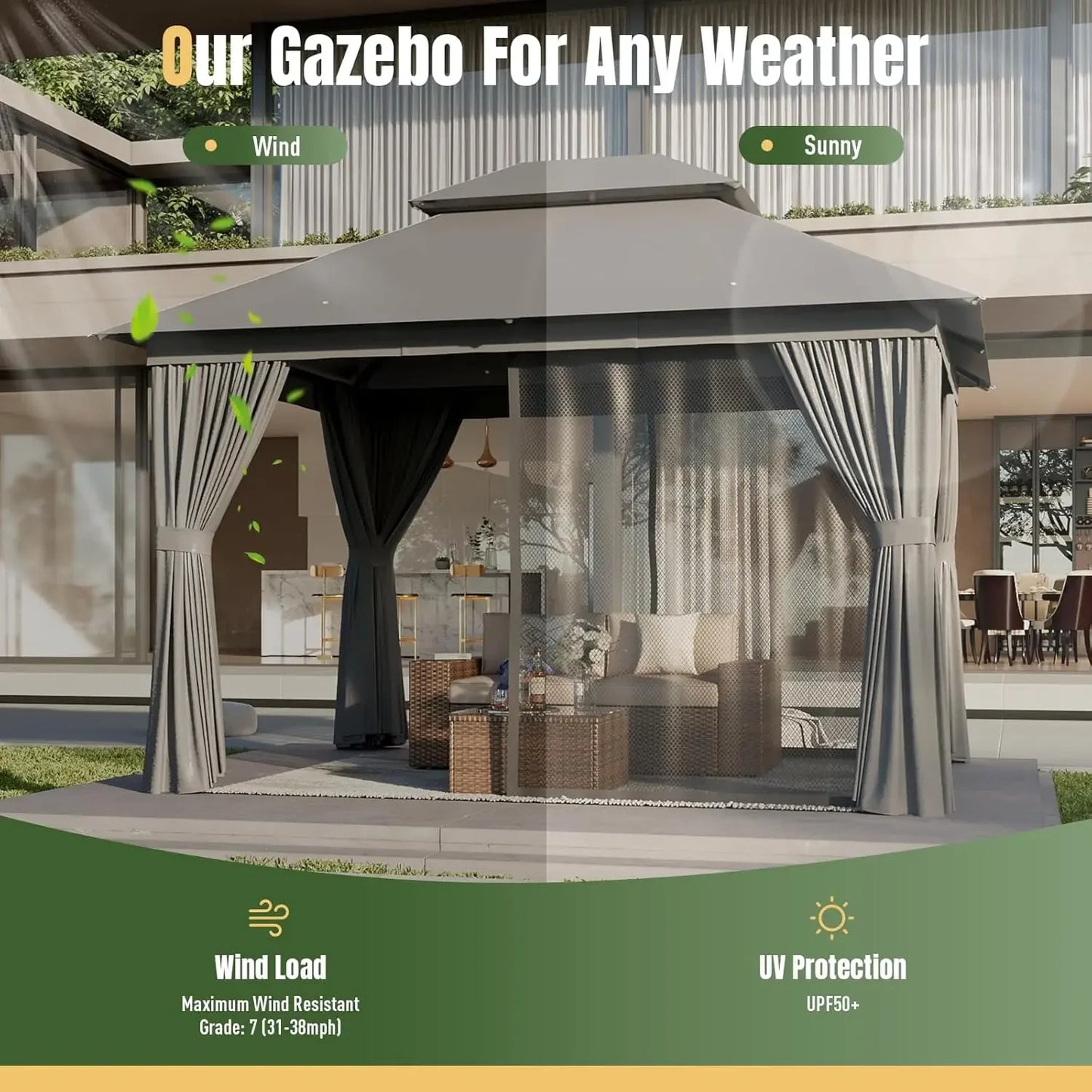 Outdoor Gazebo for Patio 10x12, Metal Frame Canopy with Double Roofs, Heavy Duty.