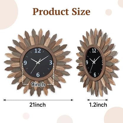 Large Wall Clock Battery Operated 21 in Rustic Wood Boho Sunburst Decorative Wall Clock, Silent.