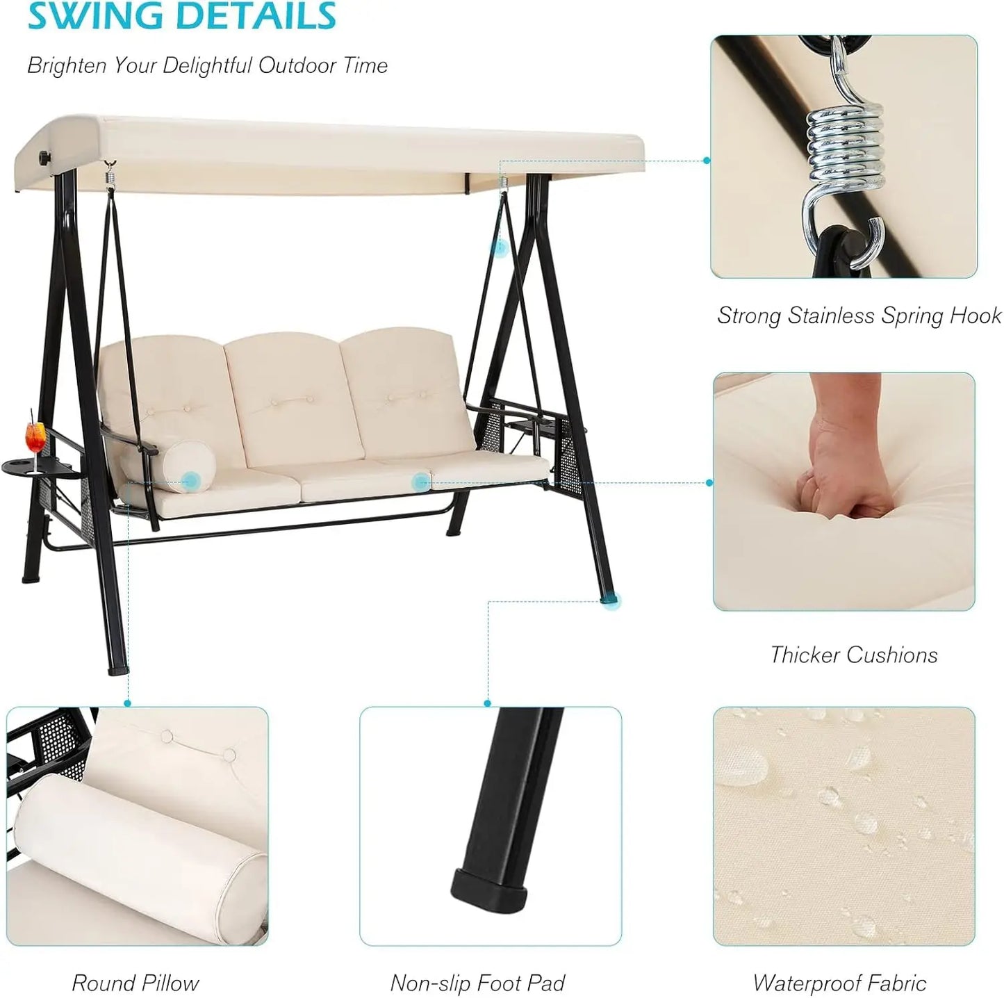 3-Seat Outdoor Porch Swing with Adjustable Canopy Removable, Adult Outdoor Swings for Porch.