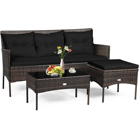 3-Piece Rattan Wicker Patio Sofa Set with 5 Cushions, Tempered Glass Top for Outdoor Living