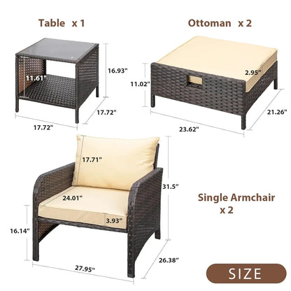 Balcony Furniture 5 Piece Patio Conversation Set, PE Wicker Rattan Outdoor Lounge Chairs.