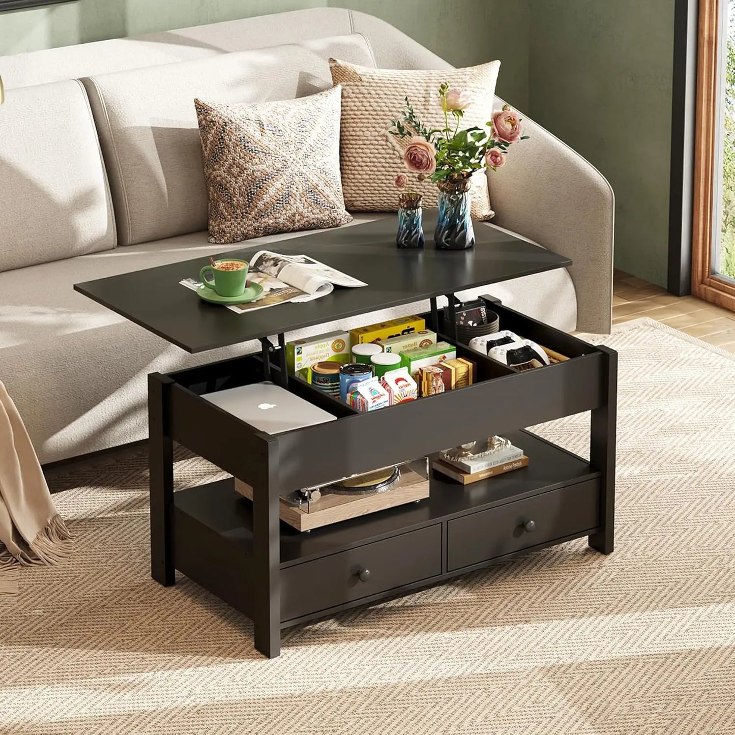 Lift Top Coffee Table with 2 Drawers, Large Storage and Open Shelf for Living Room in Black