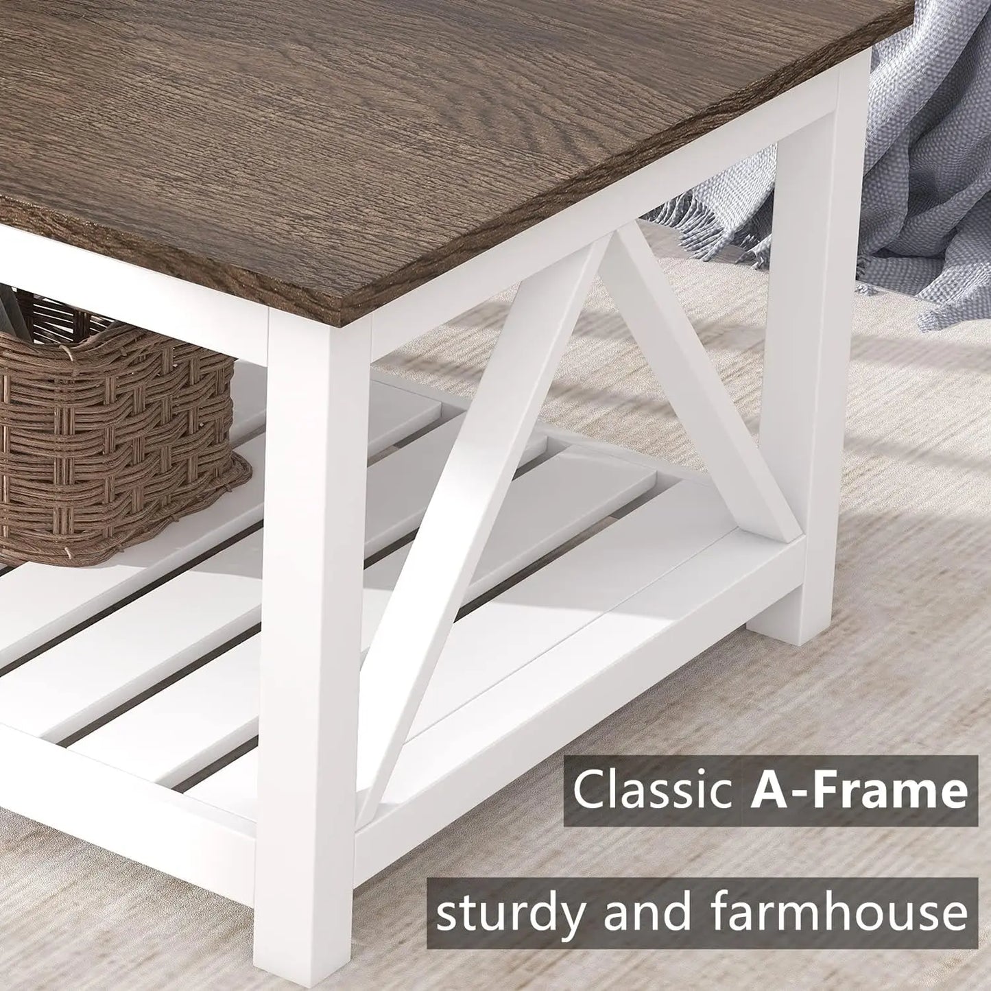 Rustic Vintage Coffee Table with Shelf, Farmhouse Style Living Room Furniture in White, 40 Inches