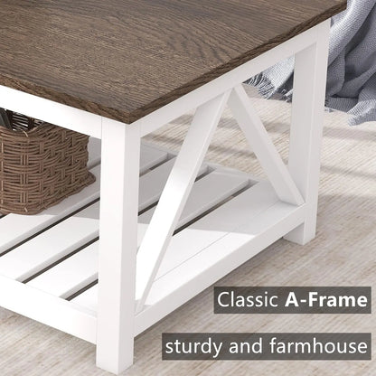 Rustic Vintage Coffee Table with Shelf, Farmhouse Style Living Room Furniture in White, 40 Inches