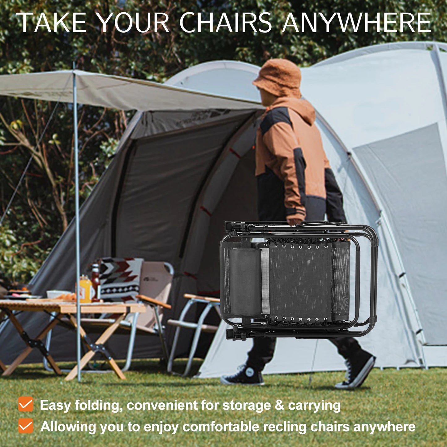 Zero Gravity Set of 2 Portable Recliner, Patio Outdoor Lounge Chair with Cup Holder, Adjustable Pillow.