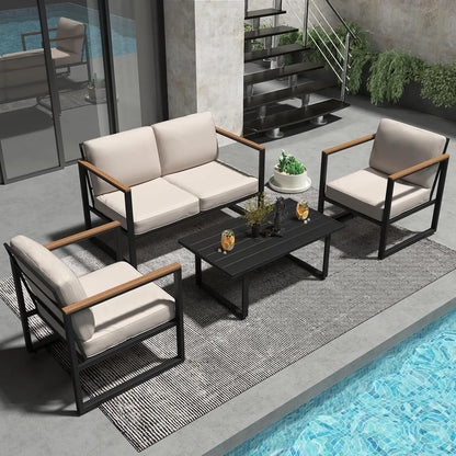 4-Piece Outdoor Patio Set, Metal, Sofa with Washable Cushions, 2 Chairs & Coffee Table