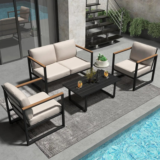 4-Piece Outdoor Patio Set, Metal, Sofa with Washable Cushions, 2 Chairs & Coffee Table