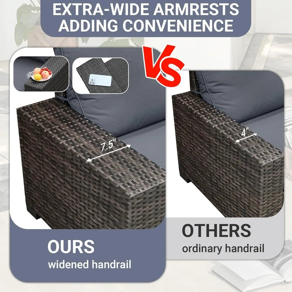 5-Piece Patio Furniture Set, All-Weather Outdoor Wicker Sectional Sofa with Cushions, Tempered Glass Table.
