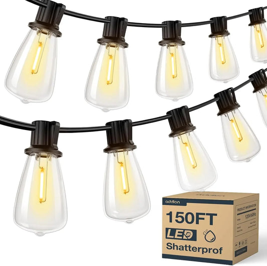 150FT LED Outdoor String Lights Waterproof, Shatterproof Replaceable Bulbs Dimmable- Hanging Lights.