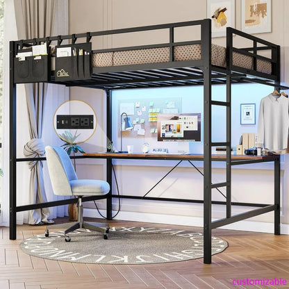 Full Metal Loft Bed with Desk, LED Lights, and Charging Station - Safe and Durable Full Size Bed Frame