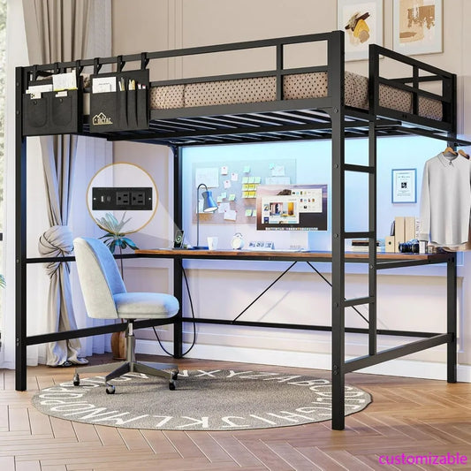 Full Metal Loft Bed with Desk, LED Lights, and Charging Station - Safe and Durable Full Size Bed Frame