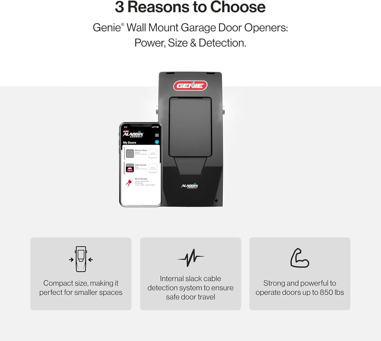 6172H-O Wall Mount Smart Garage Door Opener with Aladdin Connect, Wall Mounted- Space Saving Opener.